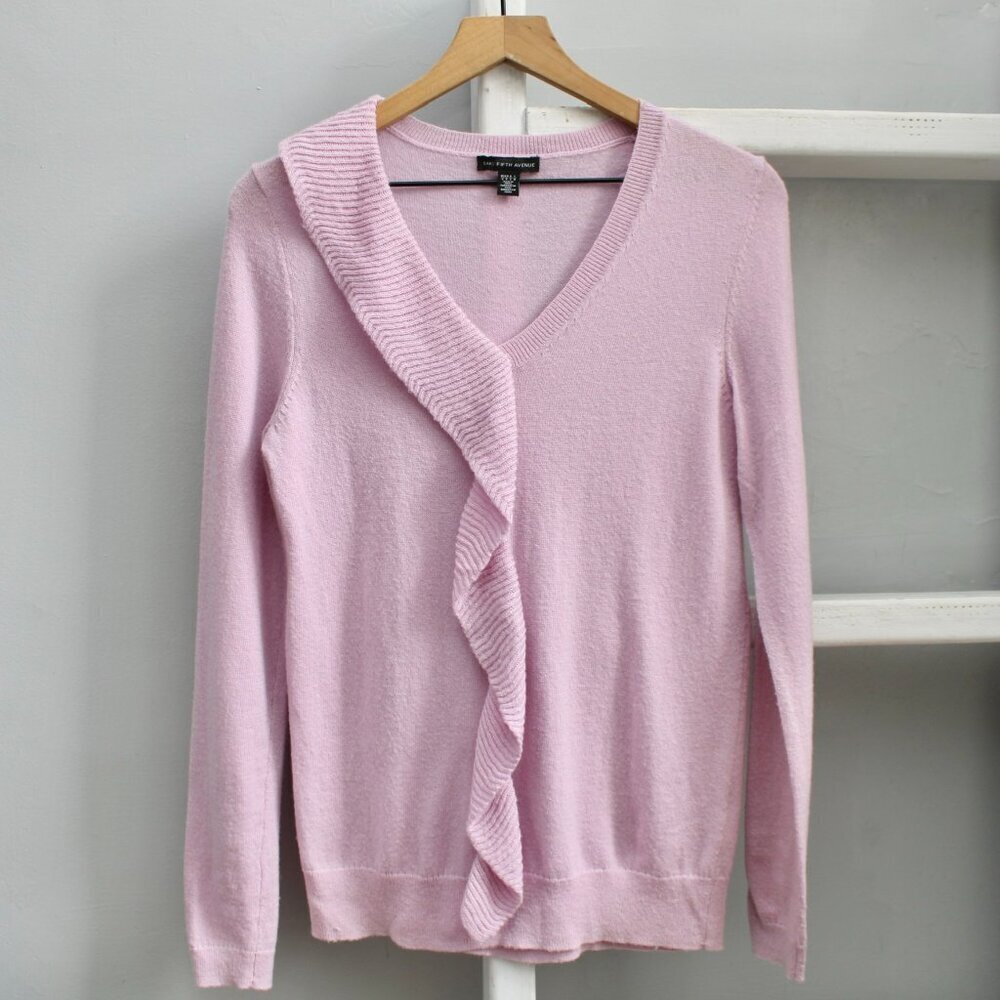 Saks Fifth Avenue Pink Ruffle V-Neck Wool Cashmere Knit Sweater Size Small